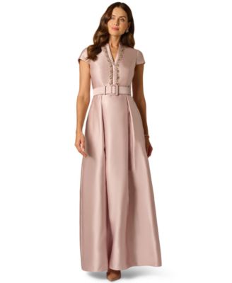 Women's Mikado Belt V-Neck Short-Sleeve Gown