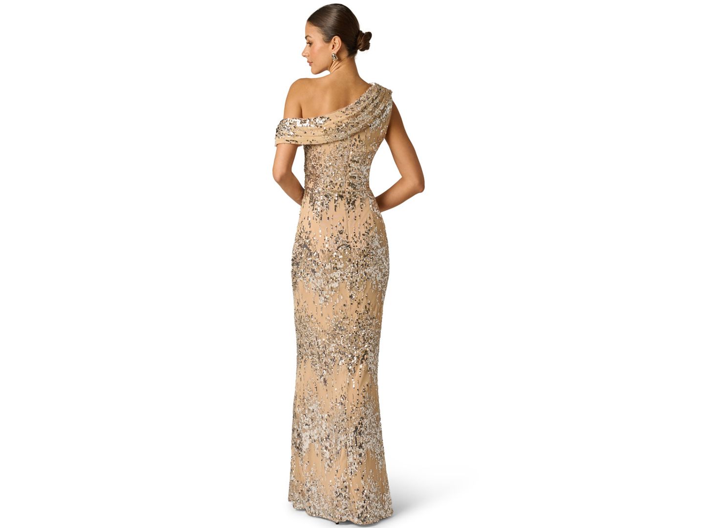 Женские платья Adrianna Draped Sequin One-Shoulder Ball Gown, цвет: Серебряный / Телесный — фото 5