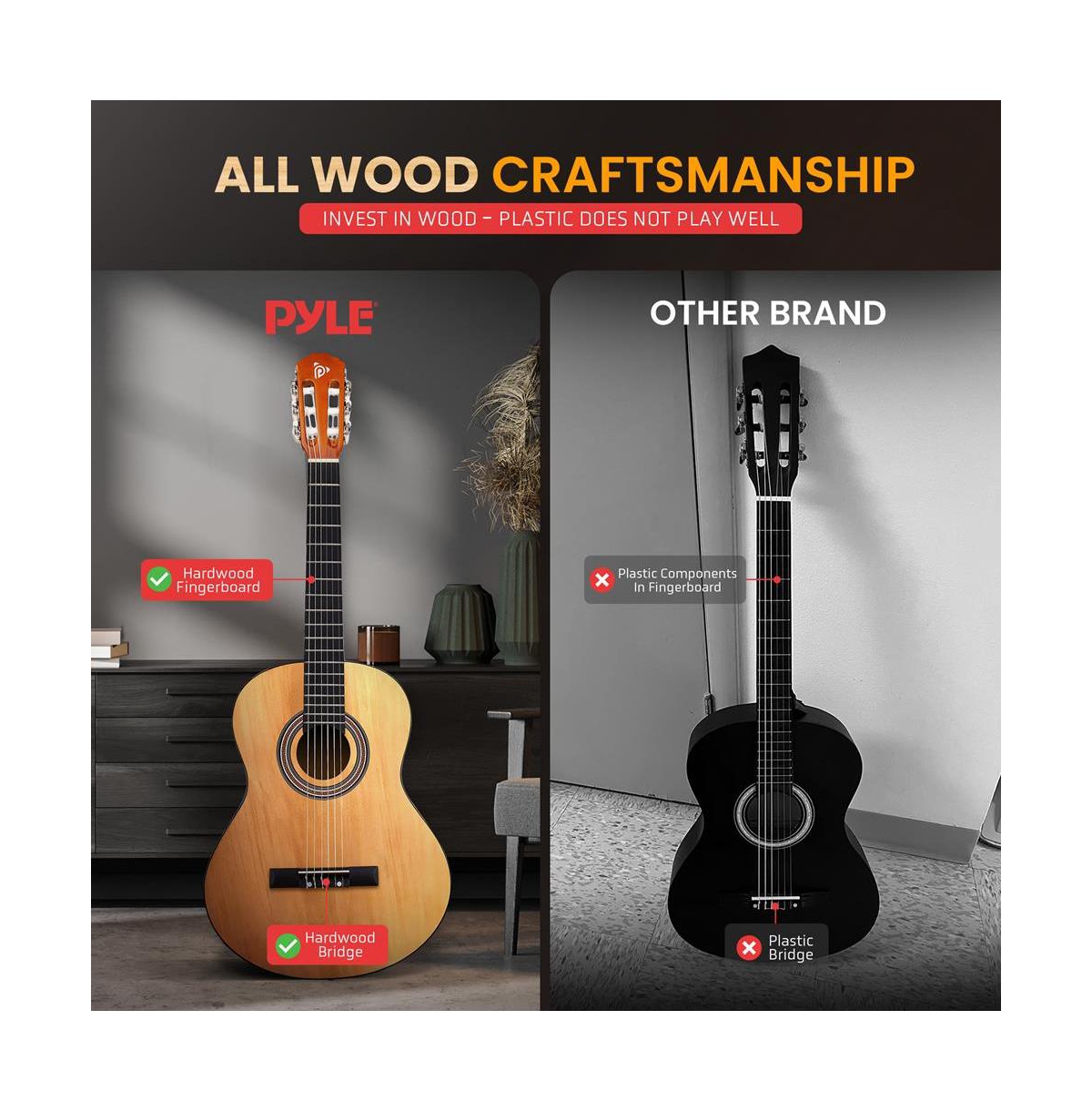 Pyle 39" 6-String Classical Acoustic Guitar for Beginners & Adults with Accessory Kit, Natural Finish