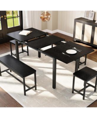 Extendable Dining Table Set for 6-8 People, Farmhouse Style Wooden Table with 2 Benches and 2 Stools