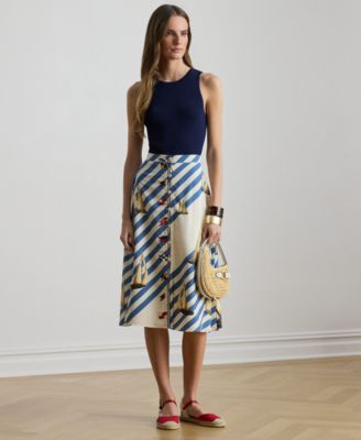 Petite Print Button-Front Crepe Skirt