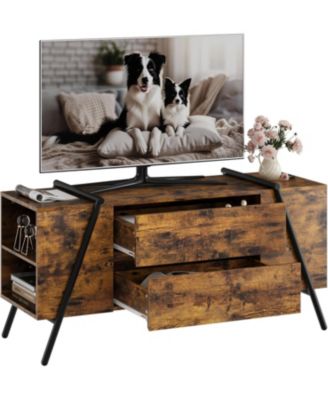 47" Modern Farmhouse TV Stand, 2 Drawers Adjustable Shelves U-Shaped Metal Legs Entertainment Center