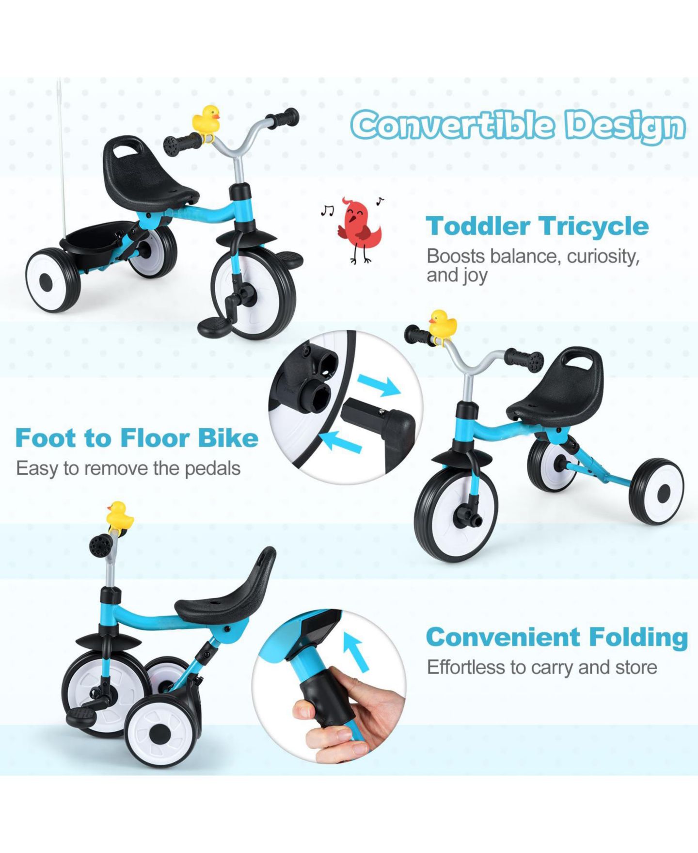 Детская игрушка Mecale 3-in-1 Light-Up Toddler Tricycle with Storage Basket, Ages 2+, цвет: Синий — фото 4