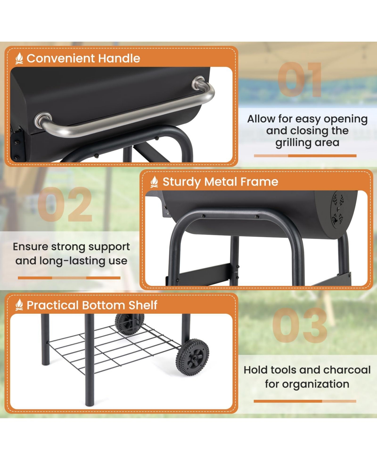 Ecooso Barrel Charcoal Grill with Foldable Side Table and Thermostat