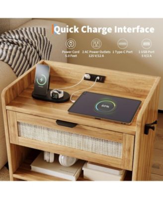 Boho Rattan Bedside Table with Type-C Charging Station, Nightstand with 1 Storage Drawer & Open Shelf
