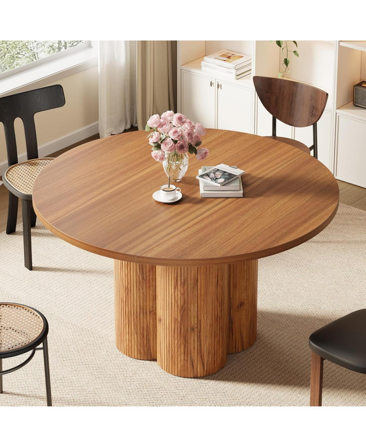 Tribesigns 47 Inch Round Dining Table for 4-6, Farmhouse Fluted Kitchen Dining Room Table Circle Table with Sturdy Pedestal Base