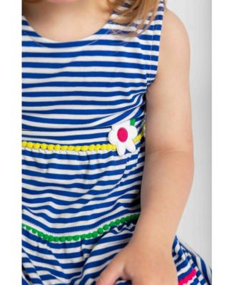 Little Girls Stripe Knit Dress With Pom Poms & Flowers