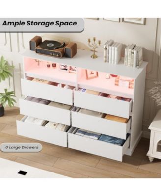 6 Drawer Dresser for Bedroom with LED Lights & Charging Station, Modern Dresser with LED for Bedroom