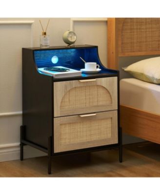 Rattan Night Stand, Black Nightstand with Charging Station, Modern Nightstand with LED Light and 2 Drawers