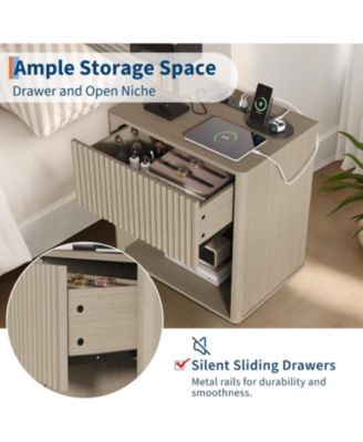 CuisinSmart 22" Oak Modern Nightstand Set of 2 with Charging Station & LED Light