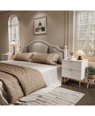 2 Pack Modern Nightstand with USB Charging Station, Gold & Wood Fluted Bedside Night Stand with 2 Drawers, USB Ports & Outlets