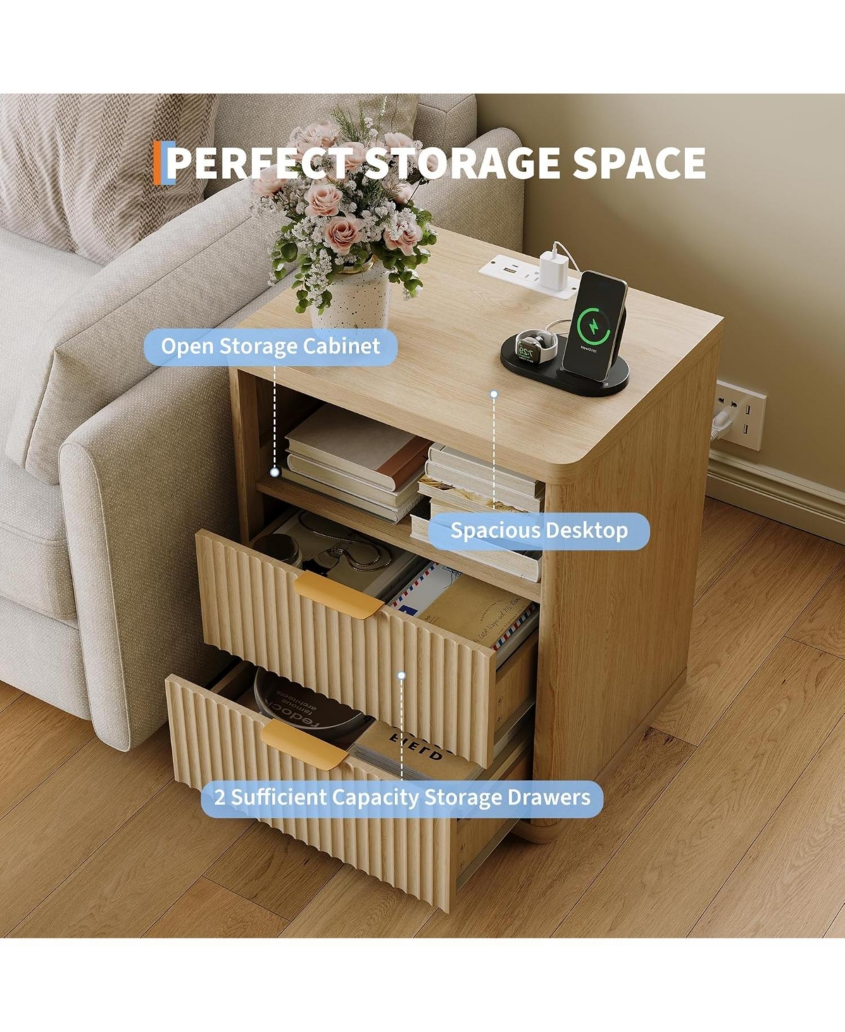 gaomon Bedside Table Nightstand with Bedside Storage, Bedroom Side Table and Organizer, Functional and Fluted Nightstand