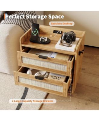 Boho Rattan Bedside Table with Type-C Charging Station, Nightstand with 2 Drawer Storage