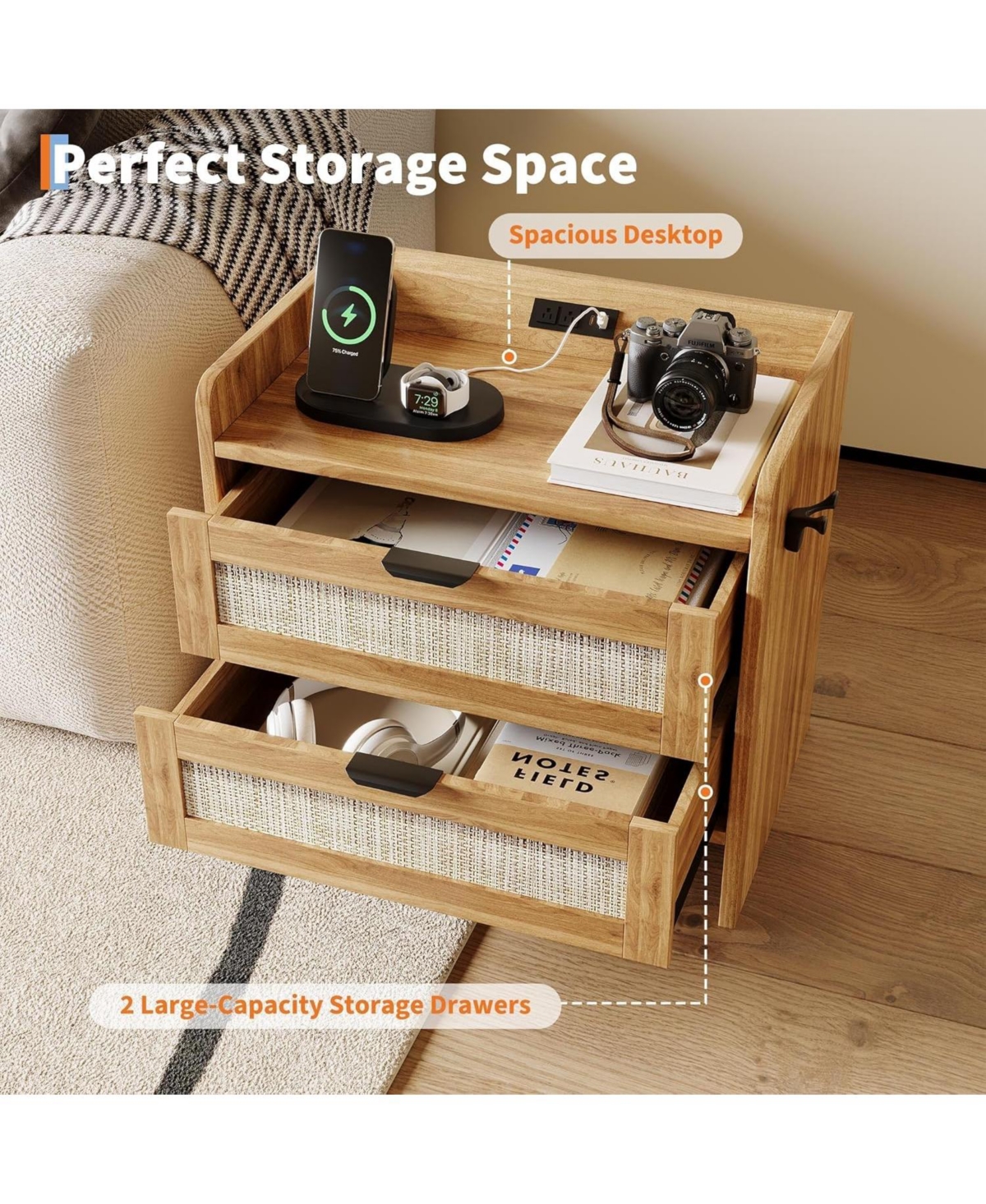 gaomon Boho Rattan Bedside Table with Type-c Charging Station