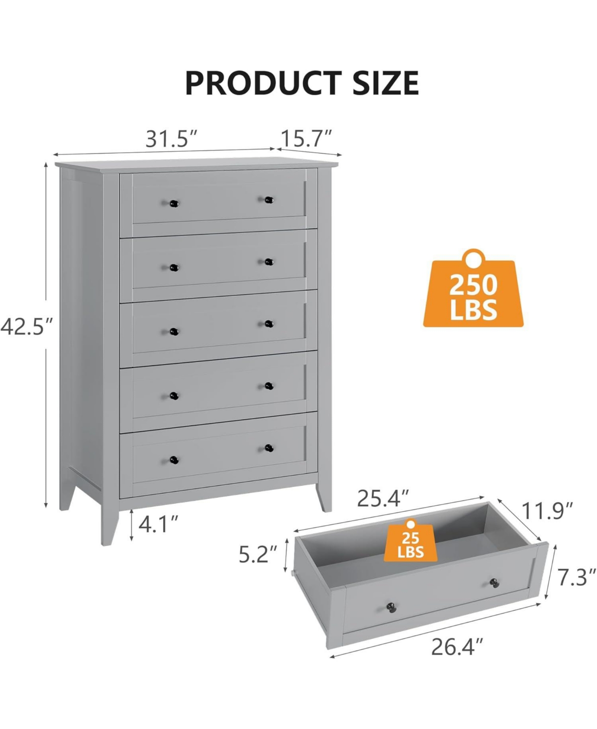 gaomon 5 Drawers Dresser for Bedroom, Farmhouse Tall Wood Chest of Drawers for Clothes, with Gold Handles & Deep Drawers