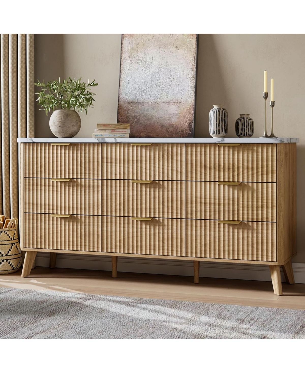 gaomon Fluted Dresser for Bedroom with 9 Deep Drawers, 60.6" Wide Modern Chest of Drawer with Faux Marble Top, Wooden Dresser Tv Stand