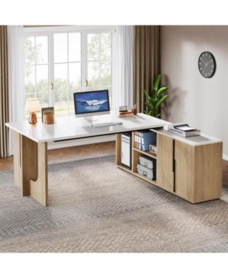 Large Executive Desk, 74.8 Inch L Shaped Computer Desk with Shelves and CPU Storage, Modern Workstation Set, White and Wood