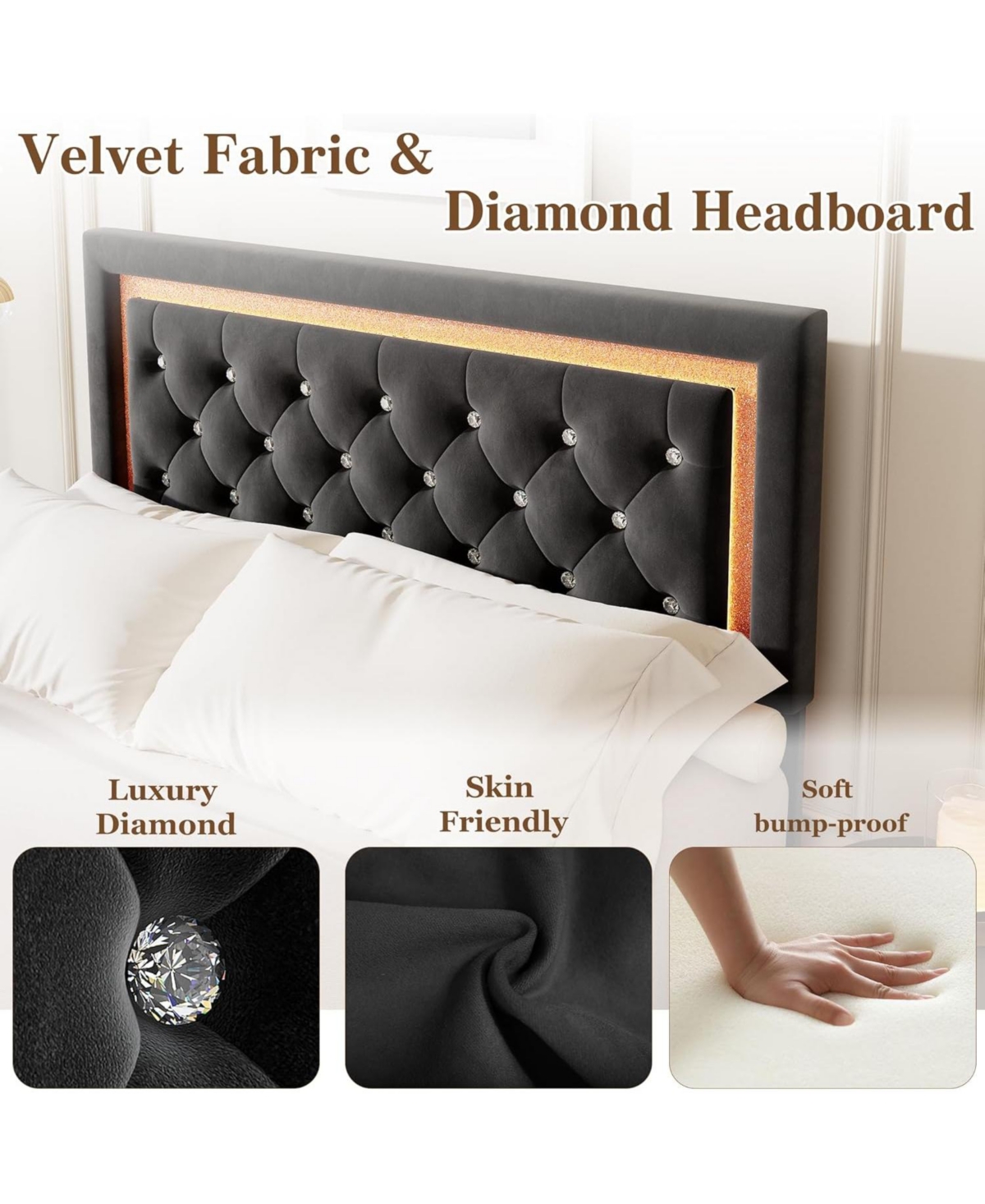 gaomon Floating Platform Bed Frame with Smart Led Lights, Upholstered Diamond Headboard, Wood Slat Support