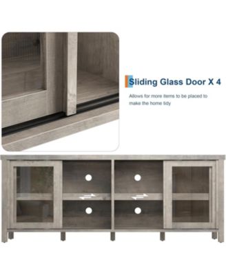 Mid Century Modern TV Stand for 65 Inch TV, 4 Sliding Glass Doors Storage Cabinets Entertainment Center
