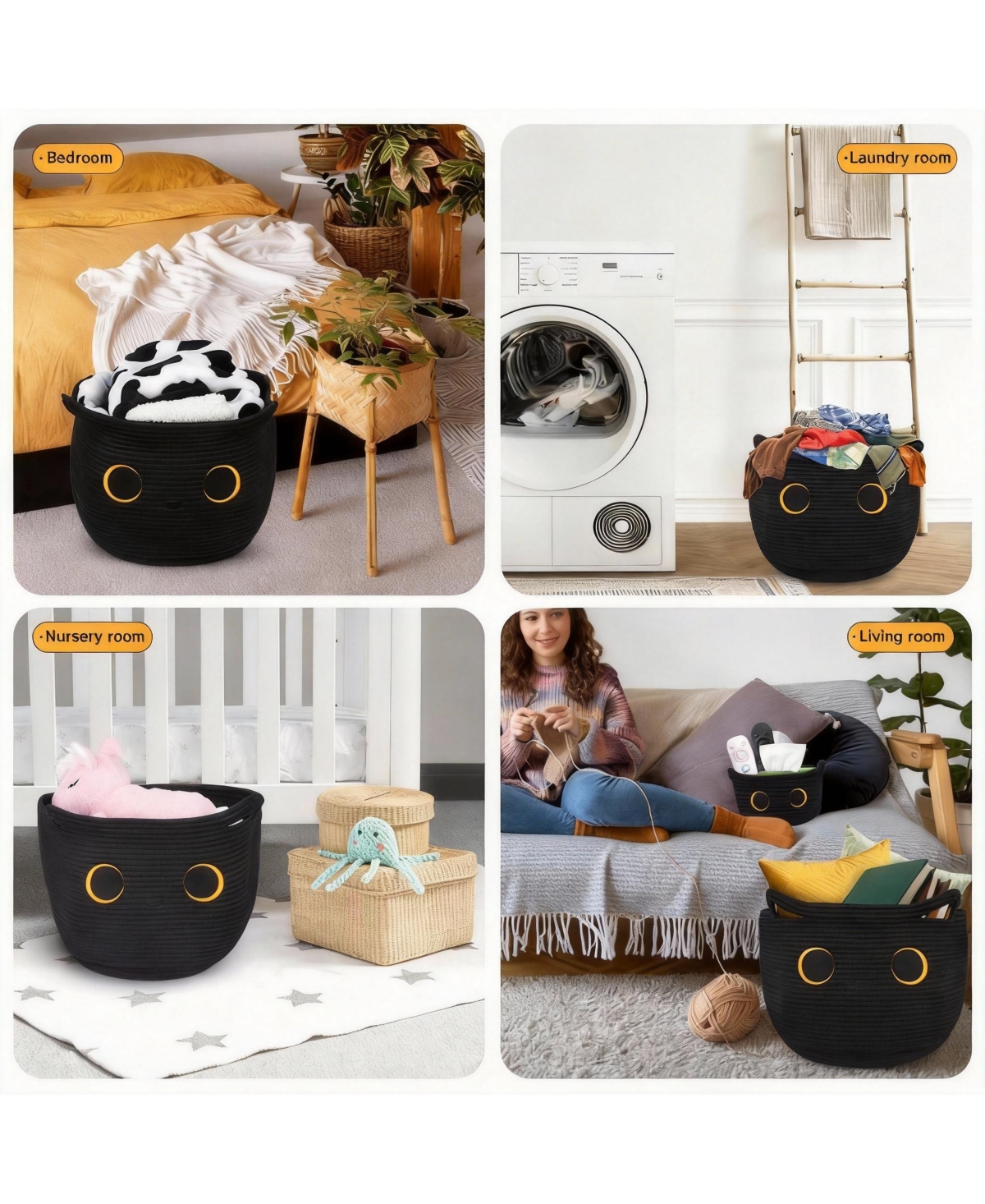 Yigii Cotton Rope Basket with Black Cat Design 53L Storage- Multi-Use Storage for Home, Office, Nursery