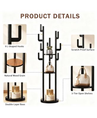 Rotating Solid Wood Coat Rack - 9 Hooks, 3 Shelves, Multi-Use