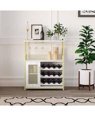 3-Tier Wine Bar Cabinet with LED Lights, Detachable Wine Rack, Glass Holder, and Mesh Door for Kitchen, Living Room, Bar.