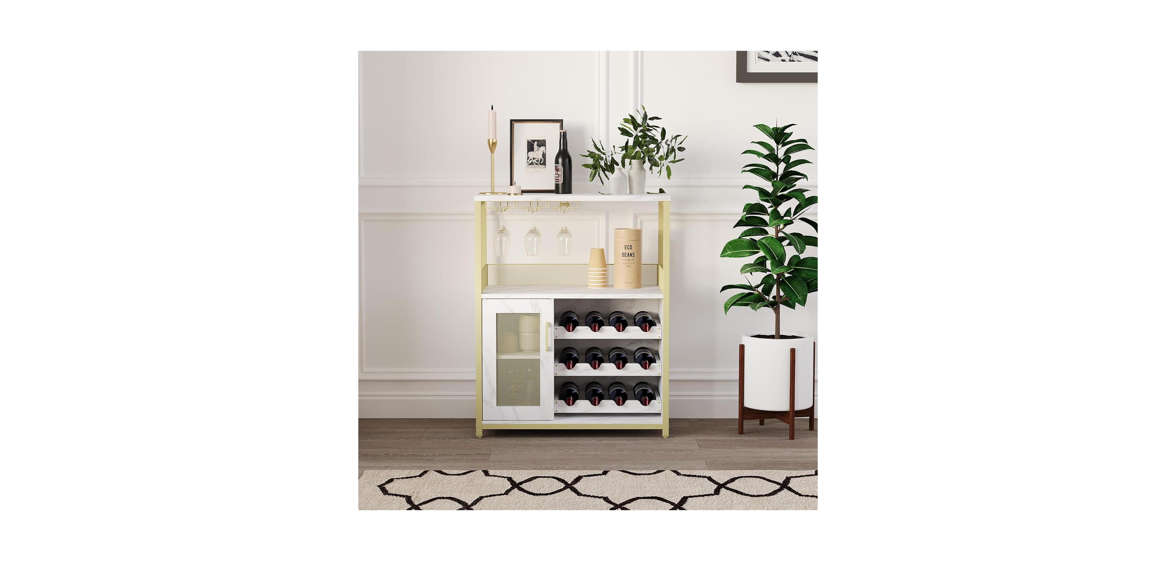 gaomon 3-Tier Wine Bar Cabinet with Led Lights, Detachable Wine Rack, Glass Holder, and Mesh Door for Kitchen, Living Room, Bar.