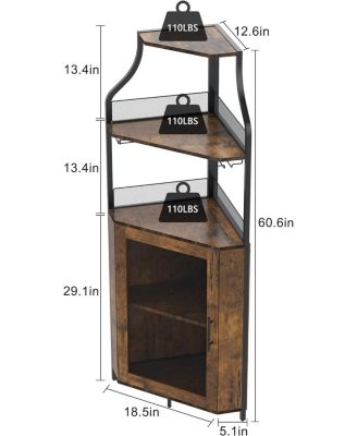 Brown Wooden Farmhouse Wine Bar Corner Cabinet with Detachable Rack, Mesh Door, Glass Rack, and Storage