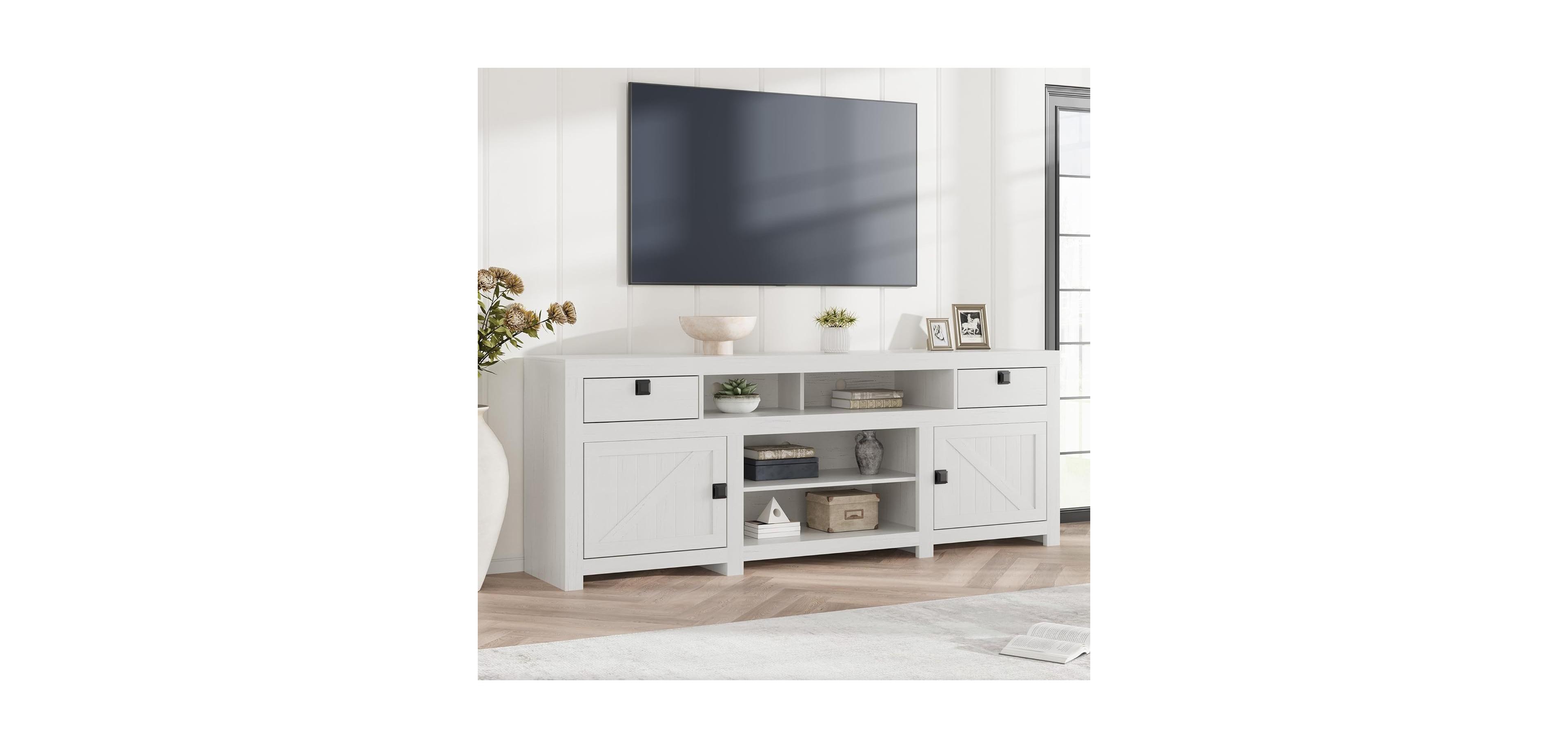 gaomon Farmhouse Tv Stand for 80" TVs, Long Entertainment Center with 4 Drawers and 3 Shelves
