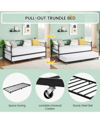 Twin Daybed with Trundle, Metal Sofa Bed Frame, Heavy Duty Metal Slats