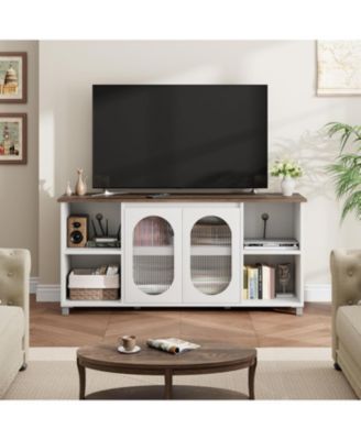 70" Rustic TV Stand for Living Room Entertainment Center with Corrugated Glass Doors & Open Shelves, Media Console