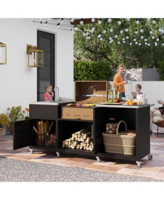 Heavy-Duty Outdoor Grill Table Cart with Sink and Drainage, Metal Prep Station