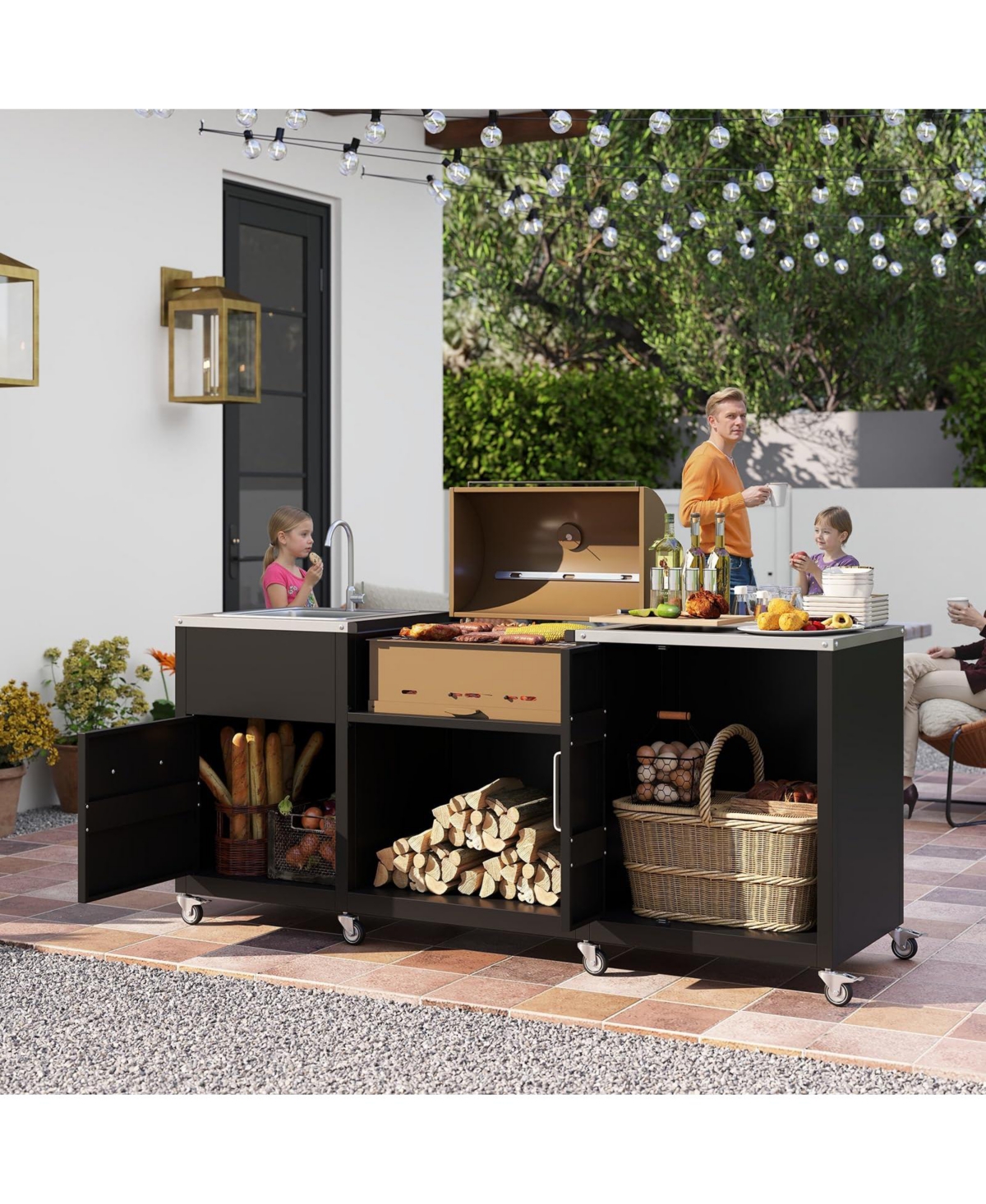 Mecale Heavy-Duty Outdoor Grill Table Cart with Sink and Drainage, Metal Prep Station