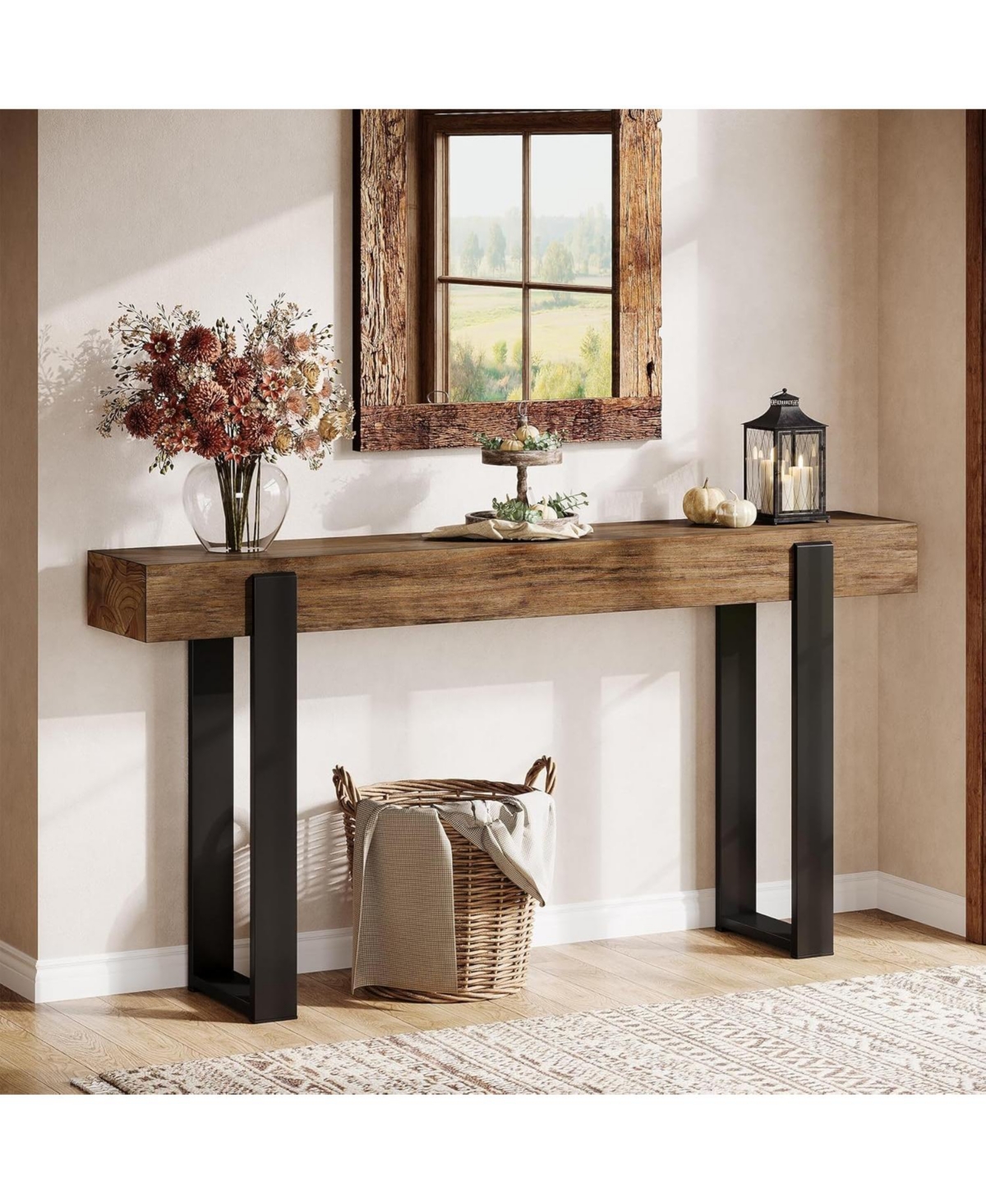 Tribesigns Solid Wood Console Table, 63-Inch Long Sofa Table Behind The Couch with Metal Support, Farmhouse Entryway Furniture