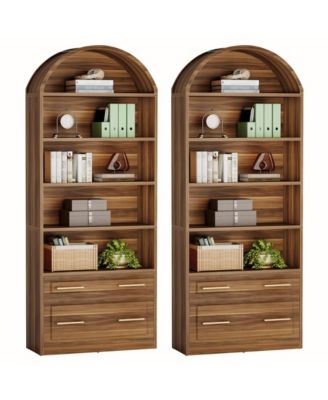 76.8" Tall Arched Bookcase Set of 2, 5-Tier Bookshelf with File Cabinet Drawer, Modern Freestanding Wooden Bookshelves, Storage Shelves