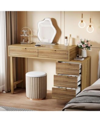 Makeup Vanity Desk with 5 Drawers, Modern Small Dressing Desk with Storage, Wood Make Up Table for Bedroom, Narrow Space (Without Mirror)