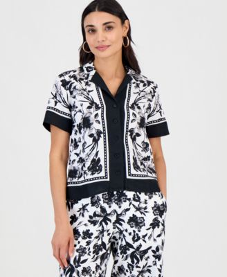Petite Linen-Blend Printed Short-Sleeve Button-Up Shirt