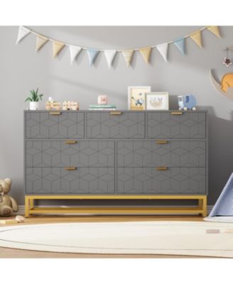 Modern 7 Drawer Wide Dresser Chest, Gold Metal Legs & Handles, Wood Storage Organizer for Bedroom Living Room
