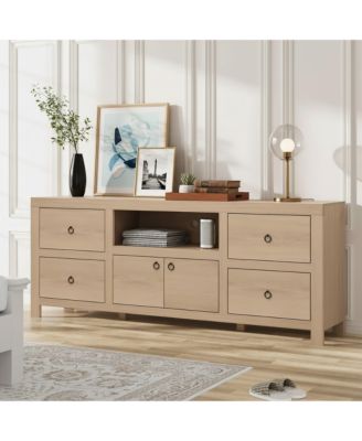 Farmhouse TV Stand with 6 Storage Drawers & Soundbar Shelf, Rustic Style, Fit Up to 70 Inch TVs