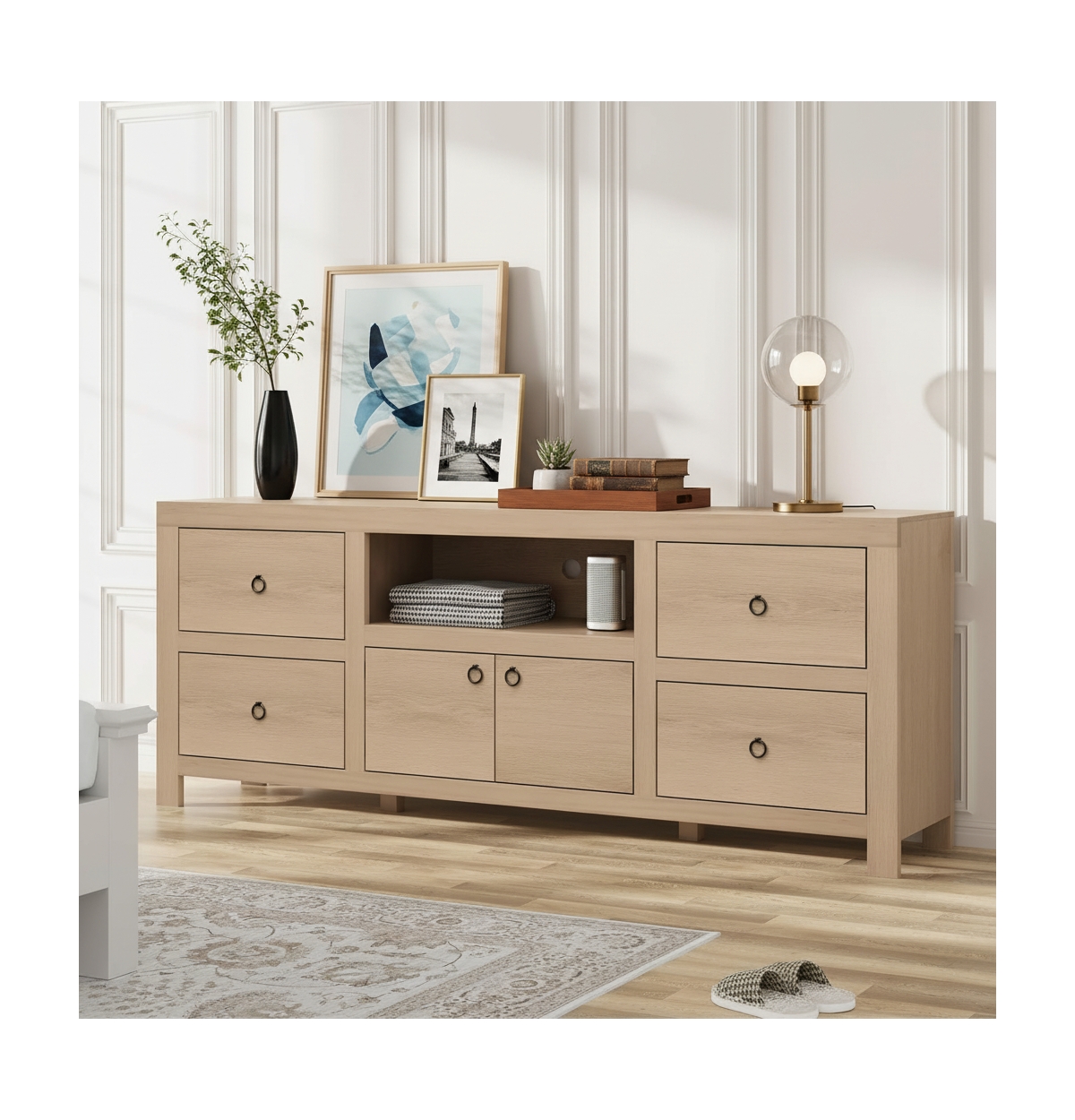 gaomon Farmhouse Tv Stand with 6 Storage Drawers & Soundbar Shelf, Rustic Style, Fit Up to 70 Inch TVs