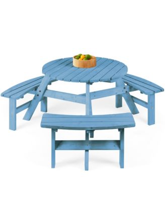 6-Person Circular Outdoor Wooden Picnic Table with 3 Built-In Benches, Umbrella Hole