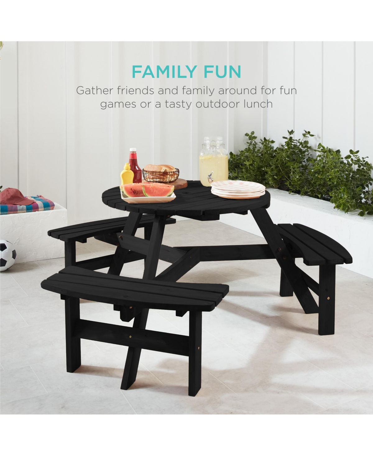 Best Choice Products 6-Person Circular Outdoor Wooden Picnic Table w/ 3 Built-In Benches, Umbrella Hole