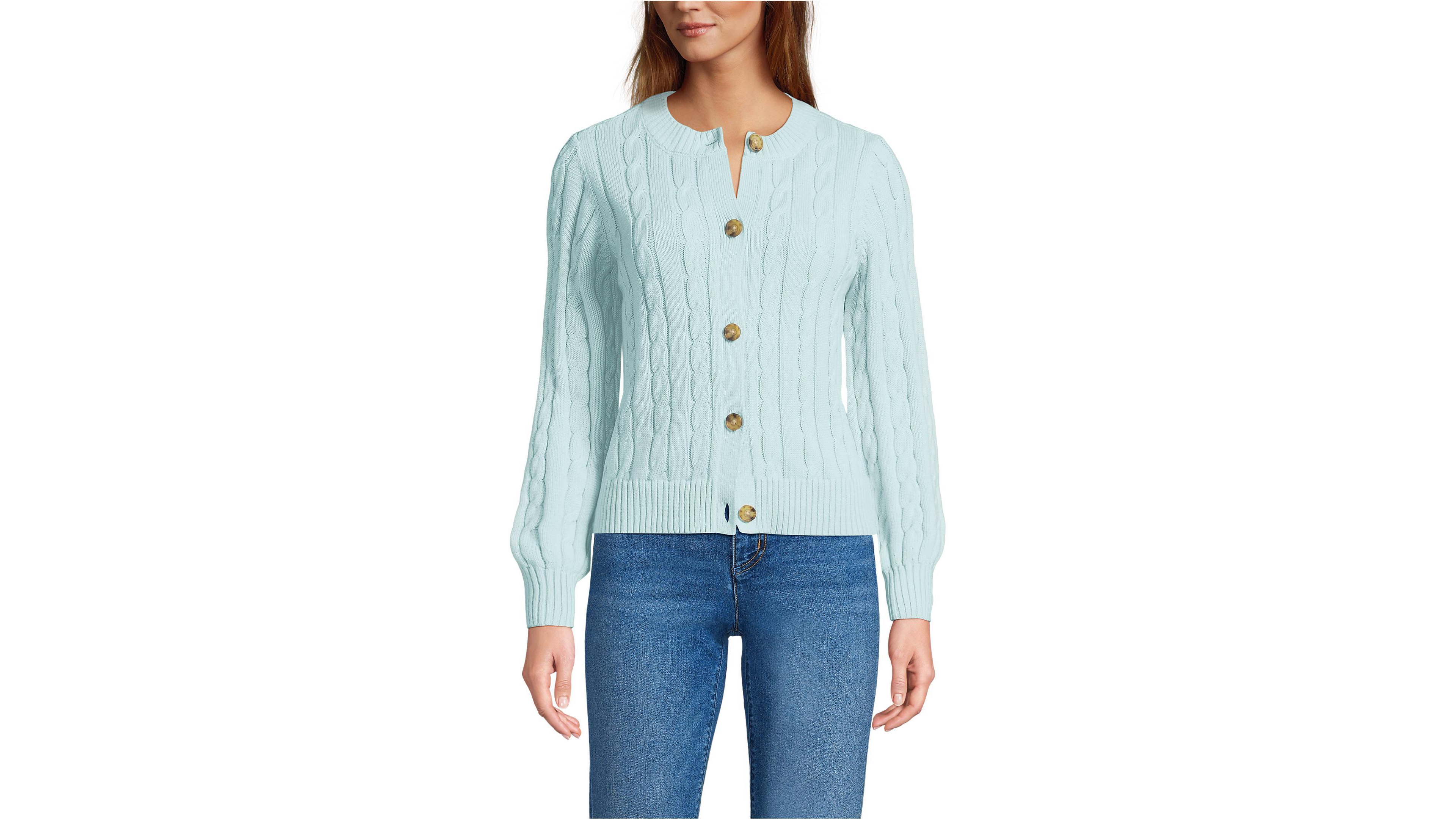 Lands' End Women's Drifter Classic Cable Crew Neck Cardigan Sweater