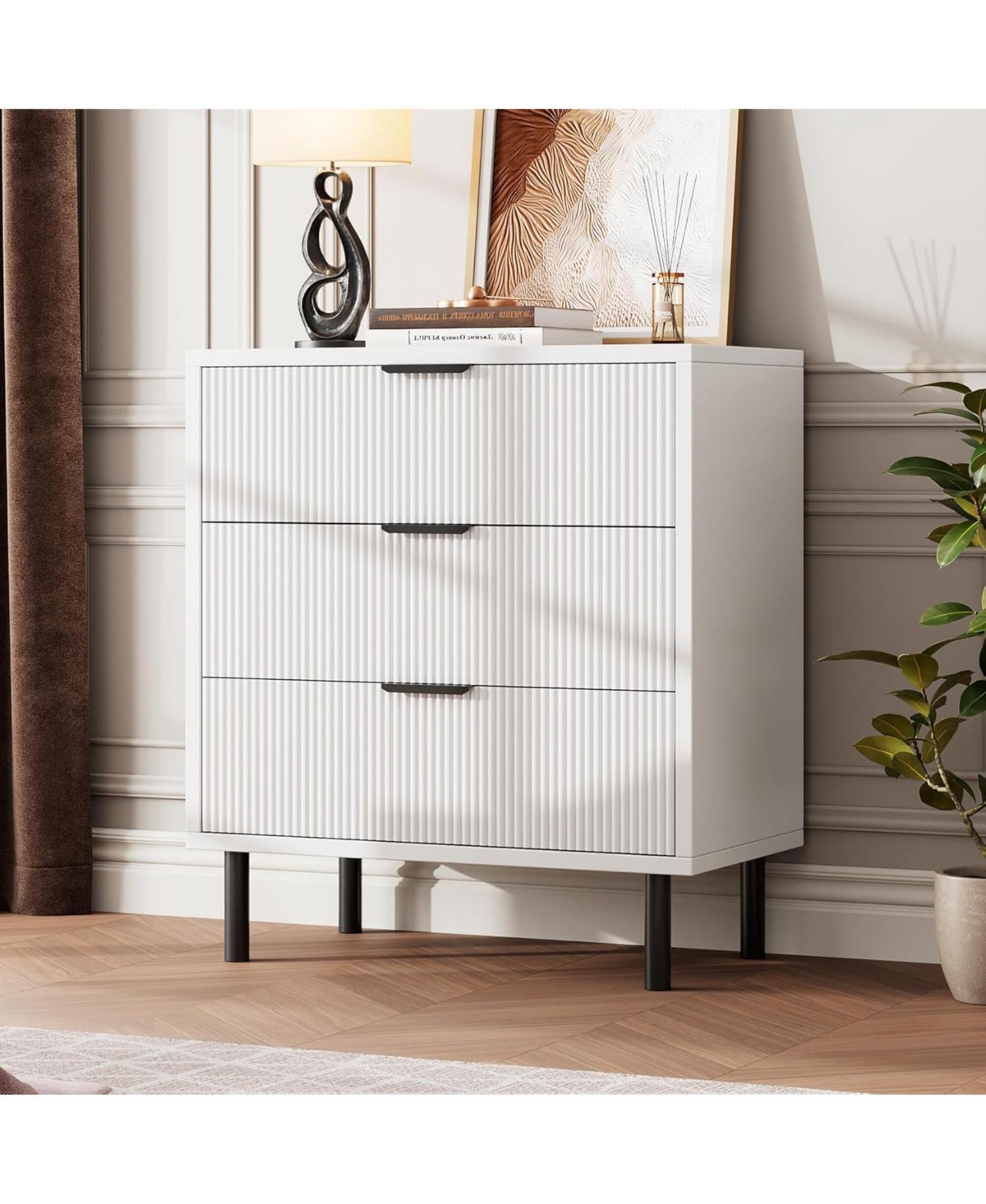 Gaomon White Fluted 3 Drawers Dresser, Wide Wood Chest of Drawers, Modern Storage Dresser Chest of Drawers Organizer with Metal Legs