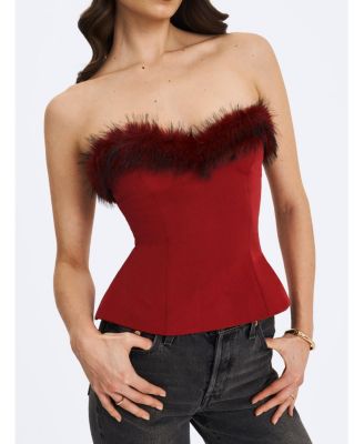 Women's Ivette Crimson Fur-Trimmed Peplum Top
