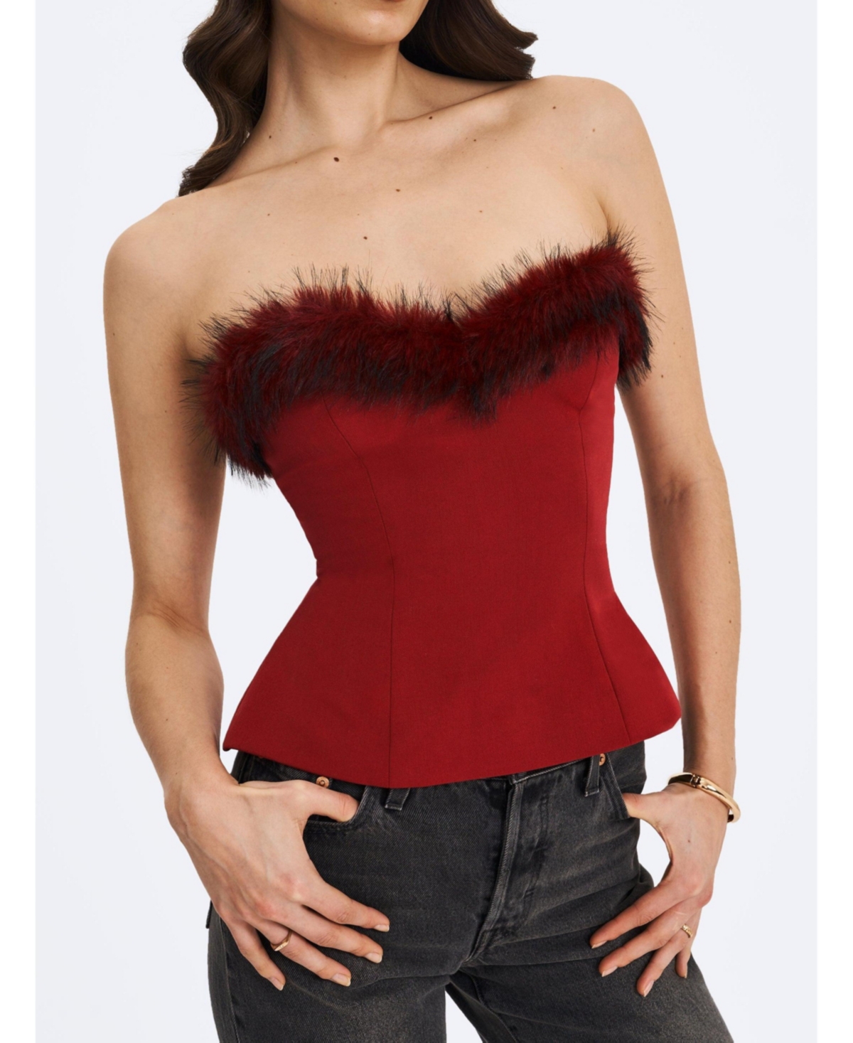 Miss Circle Women's Ivette Crimson Fur-Trimmed Peplum Top