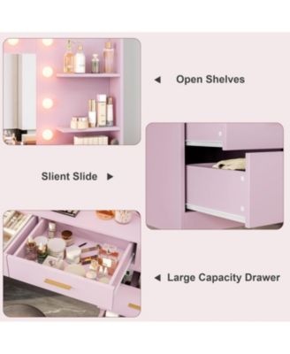 Large Vanity Desk with Mirror and Lights, Makeup Dressing Table Set with 8 Wide Storage Drawers, 2 Tier Shelves, Adjustable Lighting