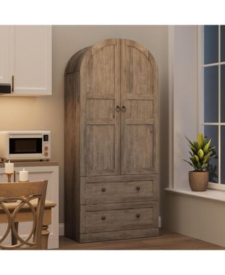 72" Tall Dome Bookcase with Drawers, 4-Tier Wooden Bookshelf Storage Cabinet with Door, Farmhouse Arched Cabinet with Storage