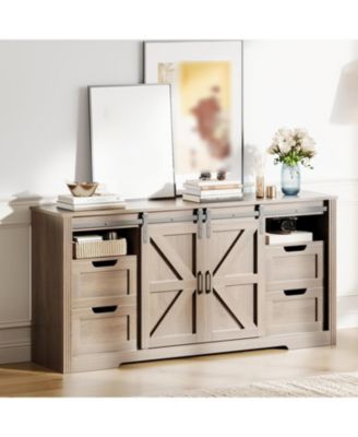 Modern TV Stand for TVs Up to 70", 66" Entertainment Center with 4 Drawers & Sliding Barn Door, Wooden Media Console Table for Living Room,