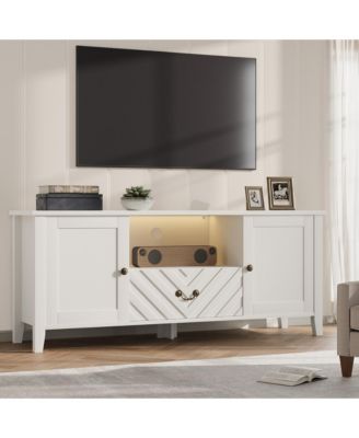 Farmhouse TV Stand, Media Console with V-Shaped Drawer, Open Compartment & 2 Cabinets